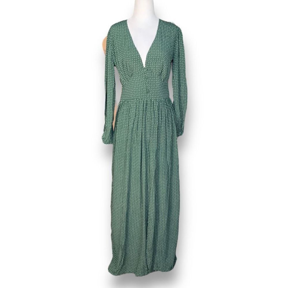Past Life The Collective Mae Maxi Dress Forrest Green White Flowy Deep V Neck - Picture 12 of 12
